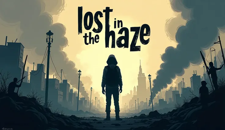 Please create a realistic war dyspopic cartoonish poster-like illustration with the following text written on the poster: "Lost in the haze". Create a silhouette like theater.