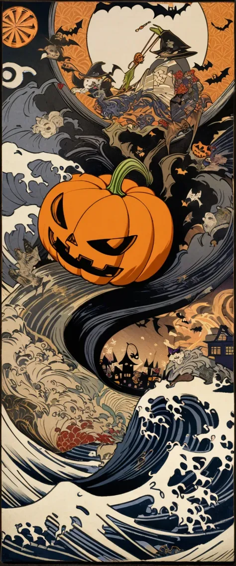 (halloween:1.8),  no humans, background only, best quality, super fine, 16k, incredibly absurdres, extremely detailed, 2.5D, delicate and dynamic, fusion of watercolors and oil paintings, mix of Japanese painting, ukiyo-e and woodblock prints, abstract sym...