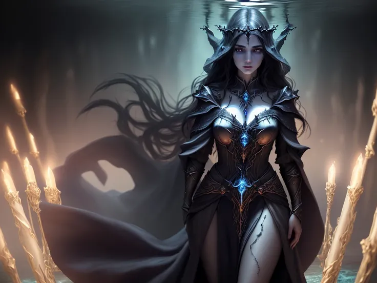 1girl, powerful sorceress, elven priestess, dark fantasy female mage, dark witch, beautiful witch with long dark hair, detailed face, detailed eyes, detailed lips, otherworldly underwater scene, glowing orb, casting spells, cinematic, dark sea, dark robes,...