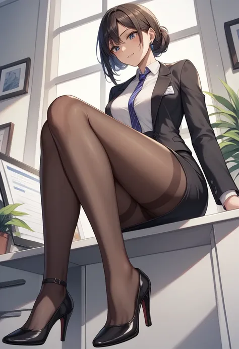 ((Best Quality)), ((masterpiece)), (be familiar with) Perfect Face、Mature beautiful woman、Sitting with legs crossed, ,whole body, See the audience at your feet、Looking down、Office Style、business suit、Black jacket、White open shirt、Black knee-length pencil s...