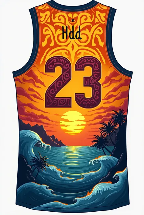 The orange basketball jersey design features a sunset sea and a Maori tribal tattoo design with waves of the sea in a cartoon style. The number 23 is shown on both the front and back of the jersey. The color is mostly orange with added tattoos.