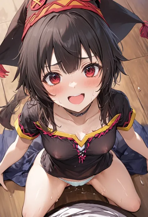 (NSFW:1.2)、(masterpiece、Best Quality、Super detailed、Anime-like、Built-in、Tabletop、Detailed face、cute)、Age 15、(((sweat)))、KonoSuba、Megumin、Black short hair、Red eyes、Sexy pose、underwear、((Dirty panties、Panty stains、Yellowing of panties))、((Focus on the groin)...