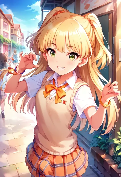 Score_9, Score_8_Excellent, Score_7_Excellent, sauce_Anime Break Pin Excellent 1 Girl,Around town,teeth , Long Hair, blonde,  Both sides are great, bangs,Twin tails， green eyes,smile, Small breasts,  Hair Ties, school uniform, clavicle, Neck ribbon, Colore...