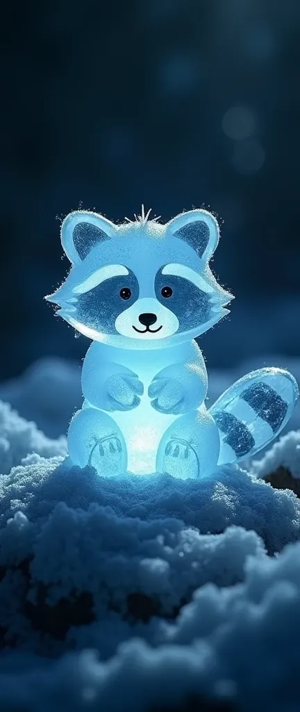 A cinematic photo of a minimalist art piece with an aerial view. There is a cute extra fluffy baby raccoon shape made from tiny, light blue ice blocks on a dark surface. The raccoon has a soft glow and a sharp contrast against the background. The backgroun...