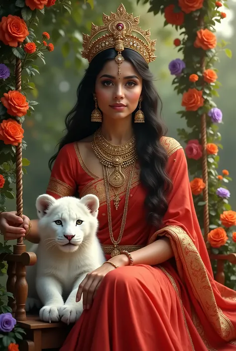 A woman in red saree, beautiful eyes detailed, beautiful sharp face, long back hair, necklaces and earning , ( gold crown clearly visible ) , sitting Swing decorated flowers,  with tiny baby white lion,(( realistic, best quality )) masterpiece, vibrant, pr...