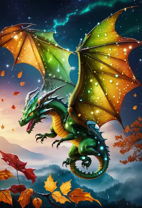 a dragon with green eyes with glass wings with drops of water is flying autumn leaves in the sky stars