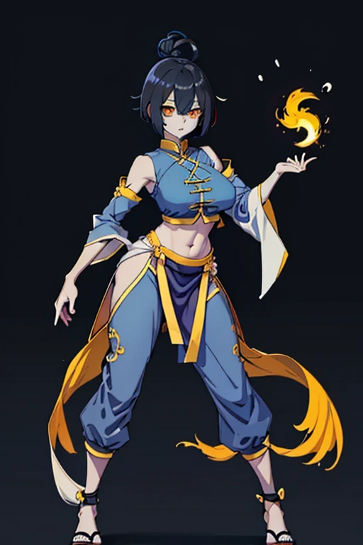 Completely black background, blue skin girl .full body photo, character only, standing upright. Jiangshi, girl. Tall, muscular, big breasts, cute. Black bob hair, ahoge. Blue skin, no patches. Almond-shaped yellow eyes. black Chinese clothing with long tro...