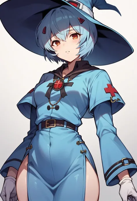 1Girl, Rei Ayanami, ((blue medical gloves)), (witch uniform), ((long sleeves)), looks at the viewer, standing, One

