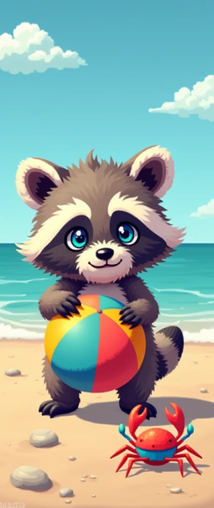 A pixelated photo of a fluffy baby raccoon on a beach. The raccoon has large, blue eyes and is holding a colorful beach ball with various shades of red, blue, green, and yellow. The background displays a clear blue sky with a few white clouds. The beach is...