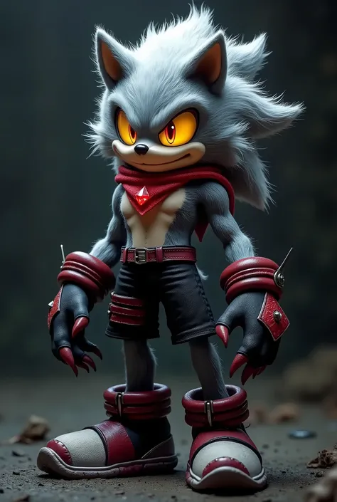 He has a humanoid wolf appearance, combining features of both a wolf and a hedgehog (hence "Wolfhog"), as such he is a grey hybrid with a white muzzle fluff. He also wears gloves and boots that resemble what shadow the hedgehog would wear. He would have on...