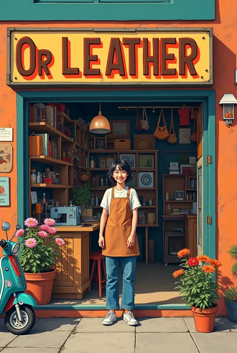 (Pop art style) Disheveled short black hair and an apron、jeans、A beautiful smiling young Japanese woman in sneakers、Built in a rural landscape、Leather goods lined up on the shelves of a quaint leather goods store, the exterior of which can be seen from the...