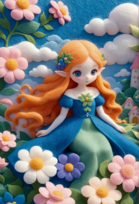 A delicate felt painting：Elf princess on petals。