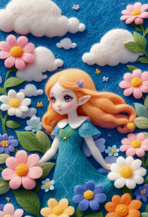 A delicate felt painting：Elf princess on petals。