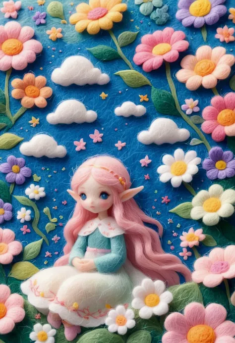 A delicate felt painting：Elf princess on petals。