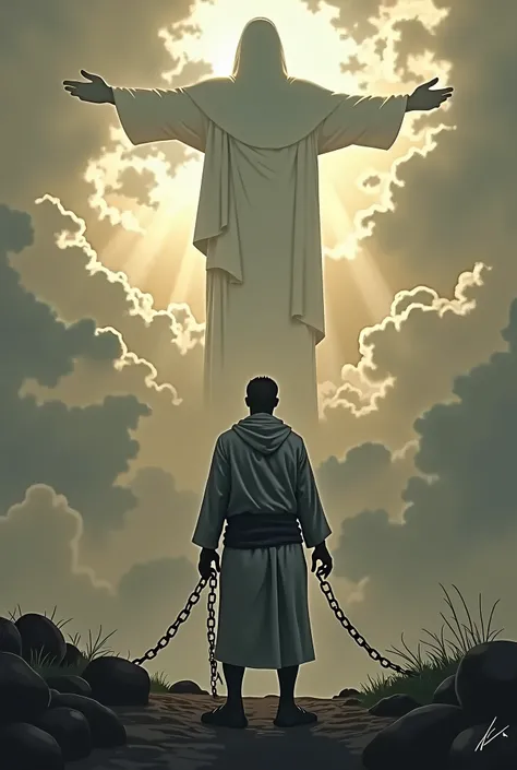 Shadow of Jesus in the sky, man with his back looking with chains on his arms