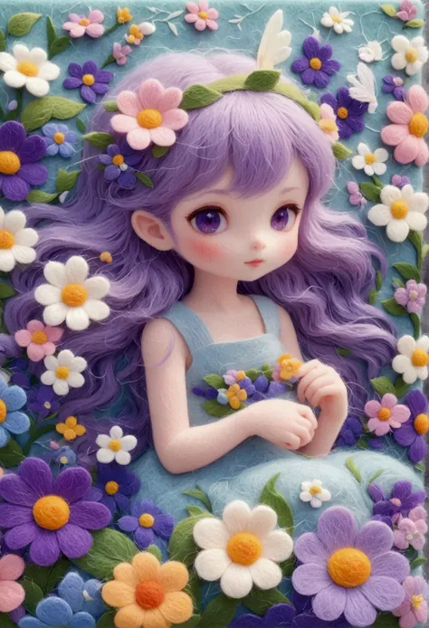 a delicate felt painting：little fairy in the flowers。purple hue。