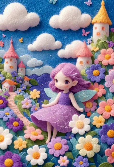 A delicate felt painting：Little fairy in the flowers。Purple hue。