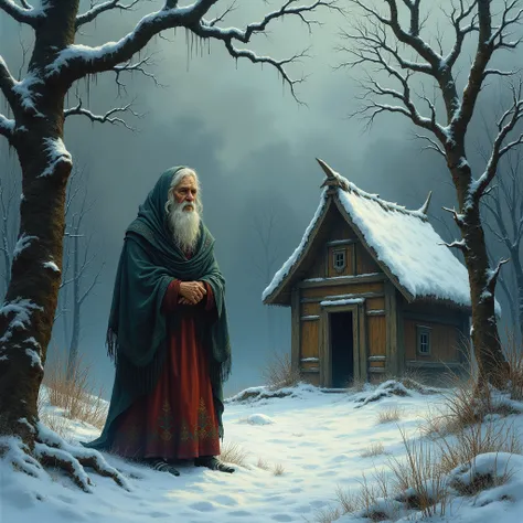 A detailed, eerie, and fantastical painting of Baba Yaga, the infamous Slavic witch, standing outside her iconic hut in the snowy, dense forests of Siberia, by the renowned Russian landscape artist Ivan Shishkin, masterfully rendered in a raw, realist styl...