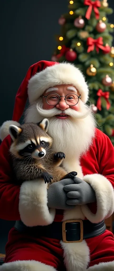 A photo of a jovial Santa Claus with a white beard and mustache, wearing glasses and a red suit. He is holding a cute, extra fluffy baby raccoon close to his chest. In the background, theres a festive Christmas tree adorned with colorful baubles, red ribbo...