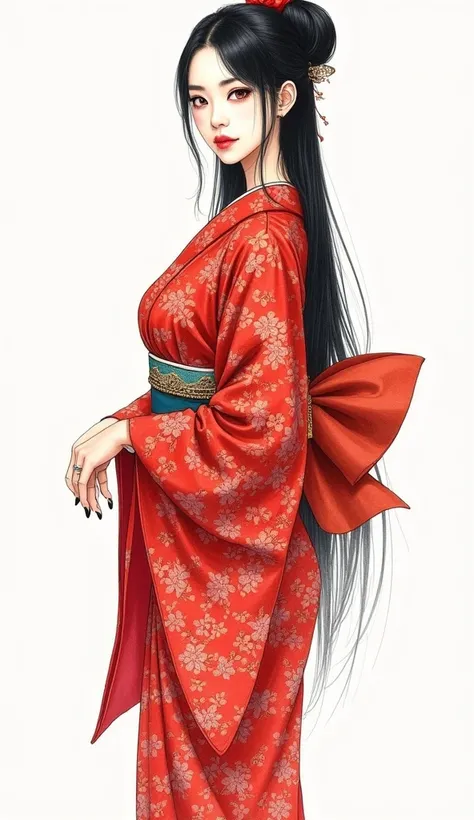 Beautiful Japanese adult woman, large bust, slender waist, wide hips, deep neckline, black long straight hair, standing tall, in a red patterned kimono, white transparent background, Japanese watercolor painting, fine drawing of the face, hands and fingers