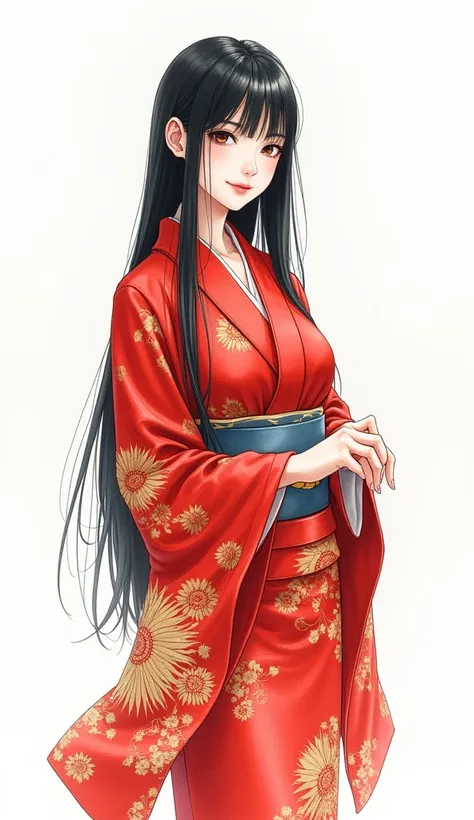 Beautiful Japanese adult woman, large bust, slender waist, wide hips, deep neckline, black long straight hair, standing tall, in a red patterned kimono, white transparent background, Japanese watercolor painting, fine drawing of the face, hands and fingers