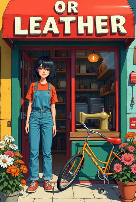 (Pop Art Style) She has short, messy black hair and is wearing an apron.、jeans、I put on my shoes、Smiling young, beautiful and cute Japanese woman、Built in a rural setting、Leather goods on the shelves of a quaint leather goods store, The exterior of the sto...