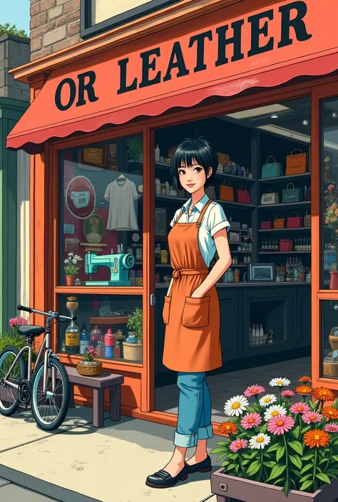 (Pop Art Style) She has short, messy black hair and is wearing an apron.、jeans、I put on my shoes、Smiling young, beautiful and cute Japanese woman、Built in a rural setting、Leather goods on the shelves of a quaint leather goods store, The exterior of the sto...