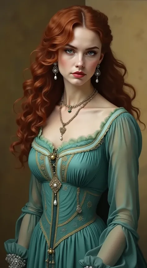 oil painting, oile painting portrait of a beautiful young woman with piercing green eyes, lush red hair, and delicate facial features, Olenna Tyrell from Game of Thrones, 1girl, elegant portrait, detailed face, intricate jewelry, ornate dress, medieval fan...