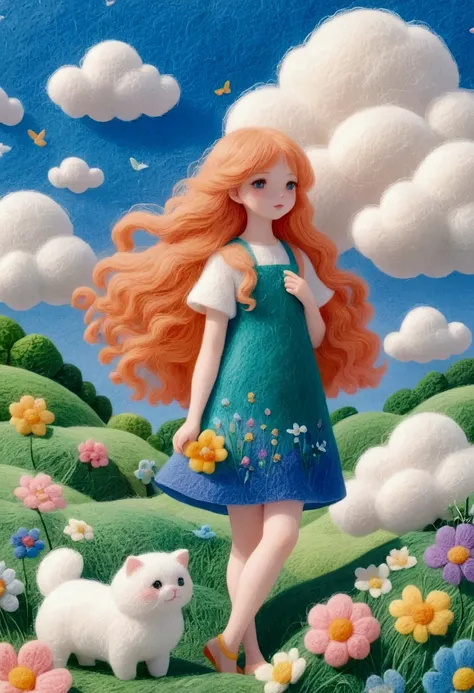 A delicate felt painting：Beautiful girl standing in the grass。Fluffy and soft long hair。Dreamy and beautiful。