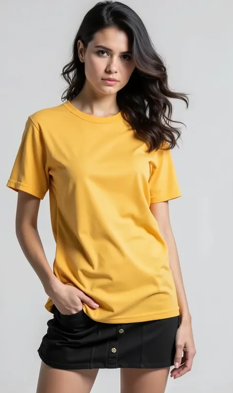 uma mulher de t-shirt amarela e mini saia preta posando para uma foto, vestindo uma t-shirt amarela moderna, Gold T-Shirt, vestindo uma t-shirt laranja, vestindo uma t-shirt laranja, yellow clothes, vestindo uma t-shirt, modern casual clothes, casual cloth...