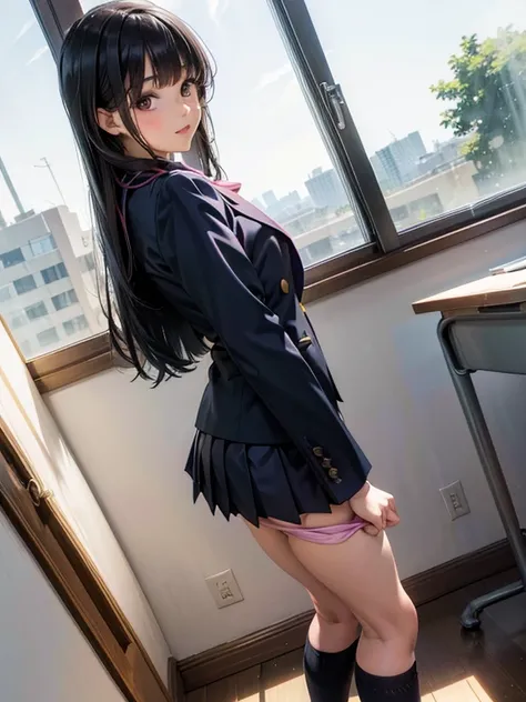 1 girl, JK, 18 yo, Highly detailed beautiful face, neat straight bangs arranged horizontally, very long black hair, purple eyes, school uniform with navy blue blazer on the top, navy blue mini pleated skirt, black socks, loafers. school classroom, standing...