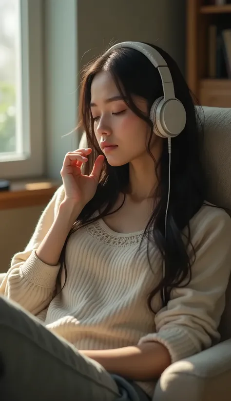 a girl listening to music using music headphones, full body shot, portrait, sitting on a comfy chair, relaxing