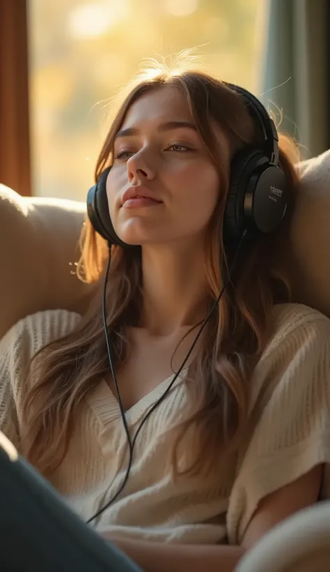 a girl listening to music using music headphones, full body shot, portrait, sitting on a comfy chair, relaxing, bokeh, sun kissed, 