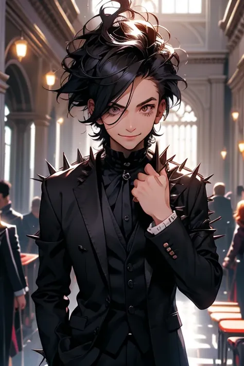 Perfect face. Perfect hands. A man with spiky black hair and brown eyes in a Gothic suit is smiling while walking in the indoor school halls