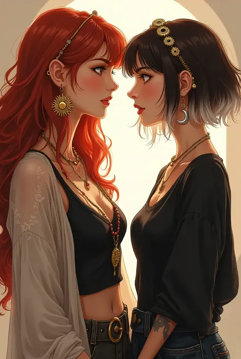 Two girls are facing each other, gazing intently. The first girl, slightly taller, is a redhead with long, wavy hair cascading freely. She has a confident and mischievous smile directed at the other girl, highlighting her charming personality. Her body is ...