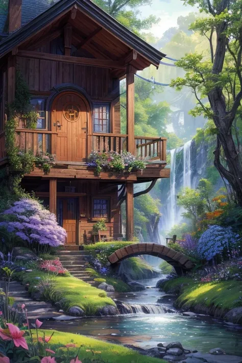 Create a natural background featuring a cozy hobbit-style house inspired by the Shire from The Lord of the Rings, nestled in a vibrant forest. The scene should evoke harmony with nature, incorporating uniquely shaped trees and stylized flowers surrounding ...