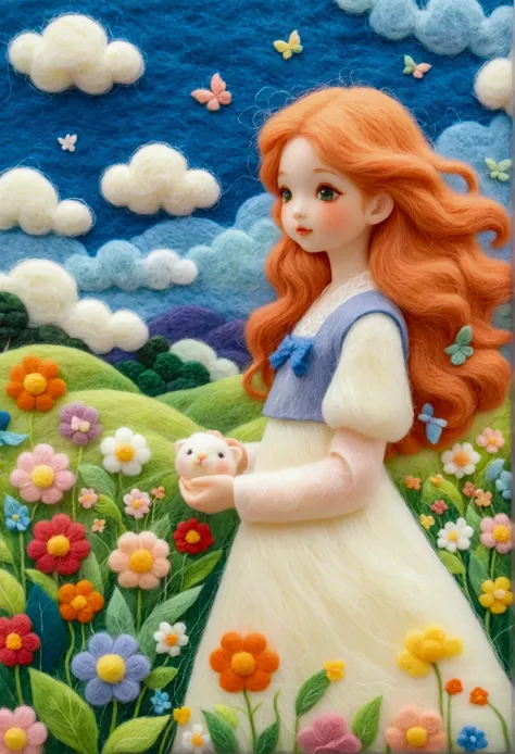 A delicate felt painting：Beautiful girl standing in the grass。Fluffy and soft long hair。bust。Dreamy and beautiful。