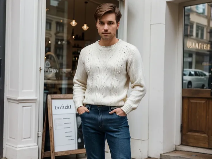 A 30-year-old man, brown hair, short stylish haircut, wearing a white jumper and blue jeans, stylish shoes, standing near the entrance to the cafe.