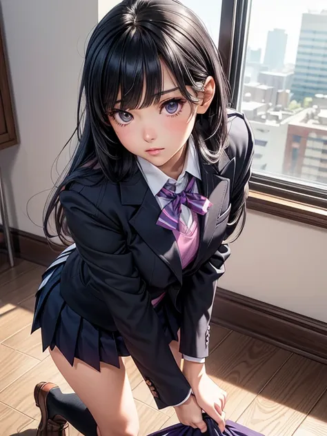 one girl, jk, 1, highly detailed beautiful face, neat straight bangs arranged horizontally, very long black hair, purple eyes, s...