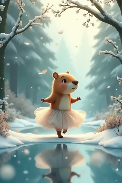 Capybara in a skirt dancing on ice in the middle of a magical winter forest 