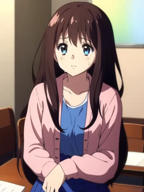 ai shindou, 1girl, solo, long hair, floating hair, blue skirt, white tank up, brown hair,  long sleeves, blue sea eyes, staring ...