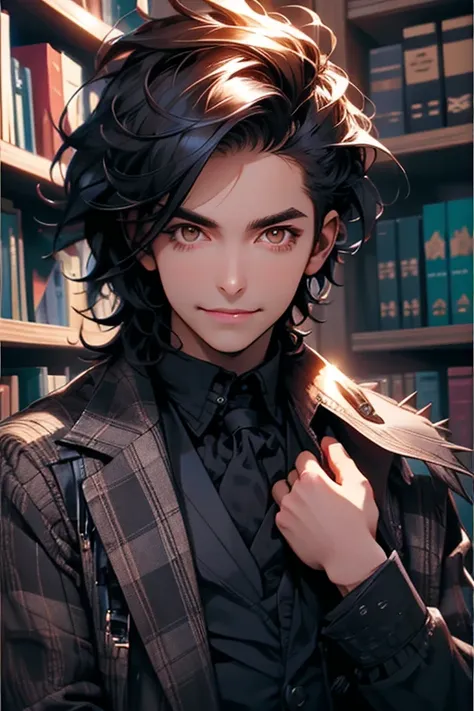 Perfect face. Perfect hands. A man with spiky black hair and brown eyes in a Gothic suit is smiling while getting books from a the library
