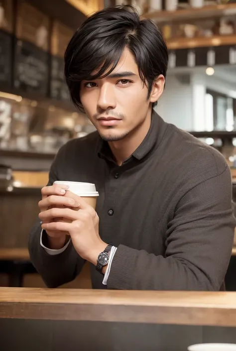 Black Hair, Best Quality, Face hiding, One man, solo, High resolution, Cafe, Drink coffee, Textured skin, 