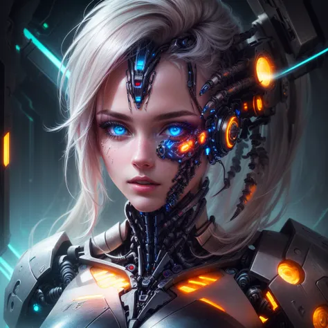 a close up of a person with a weird face and hair, intricate transhuman, humanoid woman, broken beautiful female android!, (best...