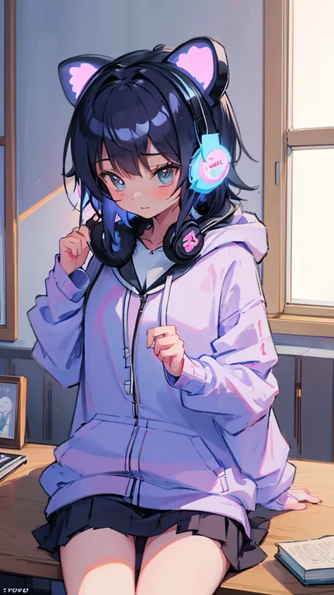 1 girl in, Girl sitting, Wear a hood with bear ears, Hooded hoodie, (Wearing headphones around your neck:1.3), head phone, kawaii, Holding the console with both hands, from the front side, inside in room, There is a study desk and dresser behind the bed..,...