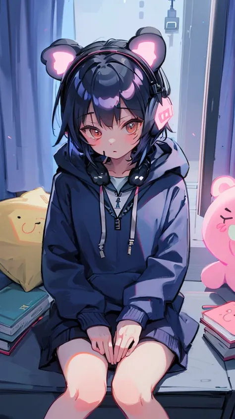 1 girl in, Girl sitting, Wear a hood with bear ears, Hooded hoodie, (Wearing headphones around your neck:1.3), head phone, kawaii, Holding the console with both hands, from the front side, inside in room, There is a study desk and dresser behind the bed..,...