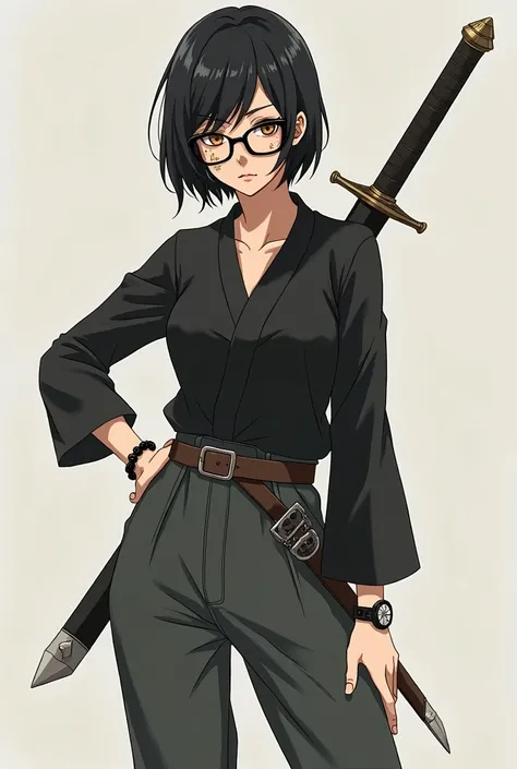 image based on a detailed text description of Akane Akizuki in Jujutsu Kaisen style, from head to toe:

*Head:*

- Short, dark hair
- Warm, brownish-hued eyes (dark golden)
- Glasses with thick, black frames
- Moles on left eyelid, nose, cheek, forehead, a...