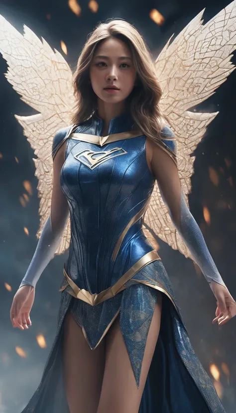 full body An otherworldly interpretation of Supergirl, depicted as an eerie being with luminous ethereal wings radiating tranquility and grace. Her body is adorned with intricate patterns and delicate lines, symbolizing harmony amidst chaos. The artwork ca...