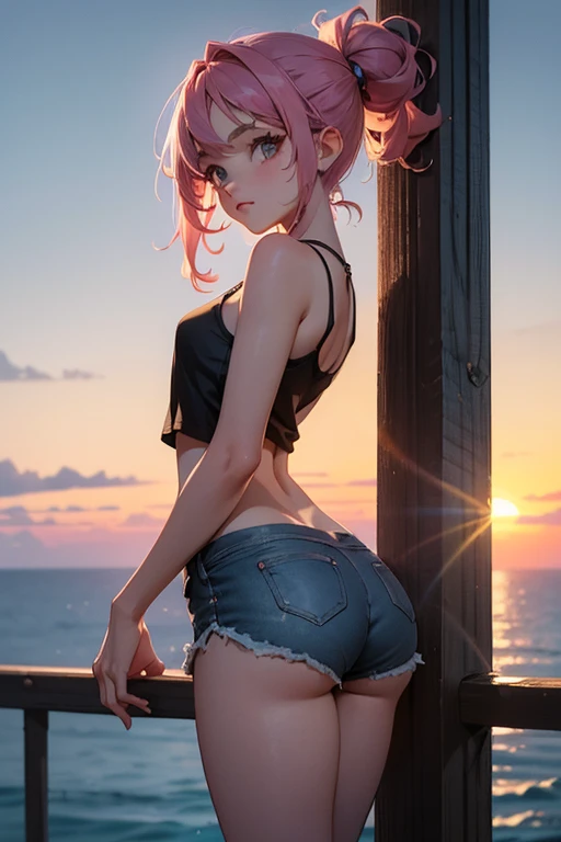 1gir, 13yo, cute, teenage girl, young girl, young body, wearing pink shorts, dark grey tank top, back view, looking back at viewer, beautiful detail eyes, beautiful detail lips, small breasts, tight butt, thighs, dramatic lighting, cinematic composition,. ...