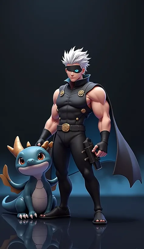 A cinematic 3D cartoon style rendering of "an anime-style character with spiky white hair. He has a black blindfold covering one eye, while his visible eye is glowing piercing blue. The character has a concentrated, cute smile expression. He wears a dark, ...